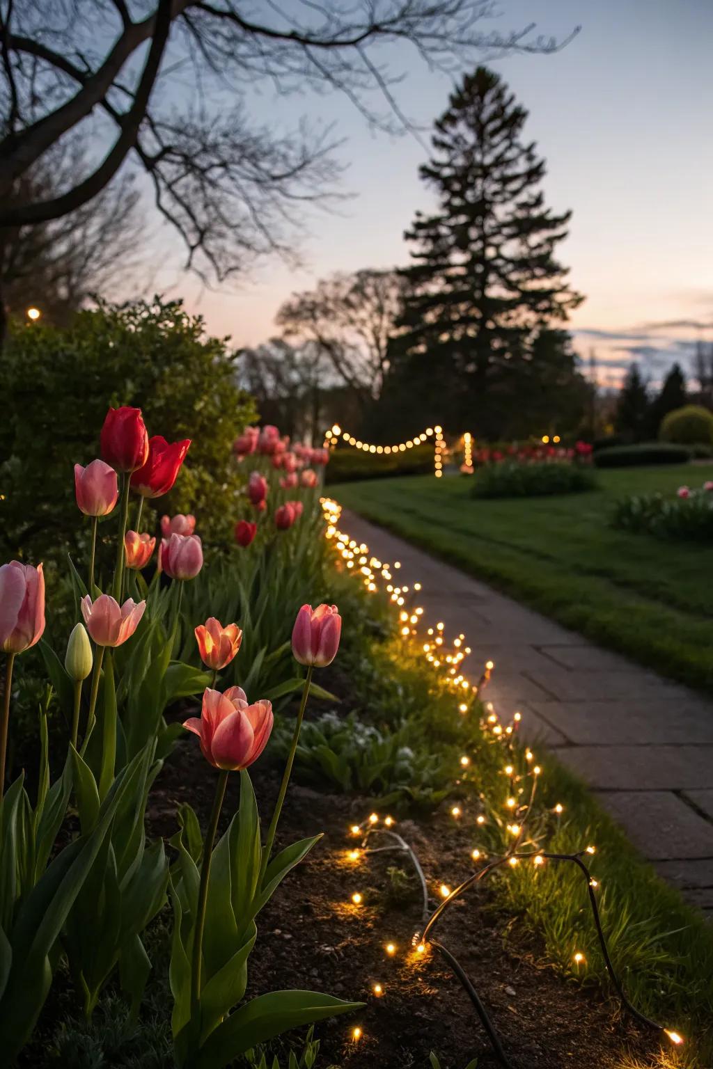 An enchanting scene of tulips lit by fairy lights.