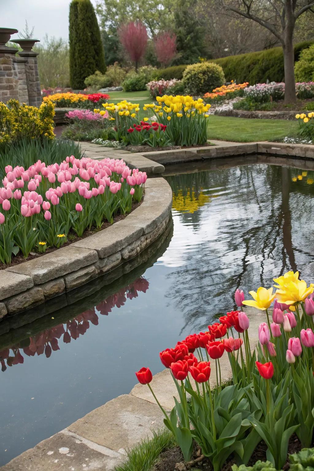 Tulips surrounding a pond, creating vibrant reflections.