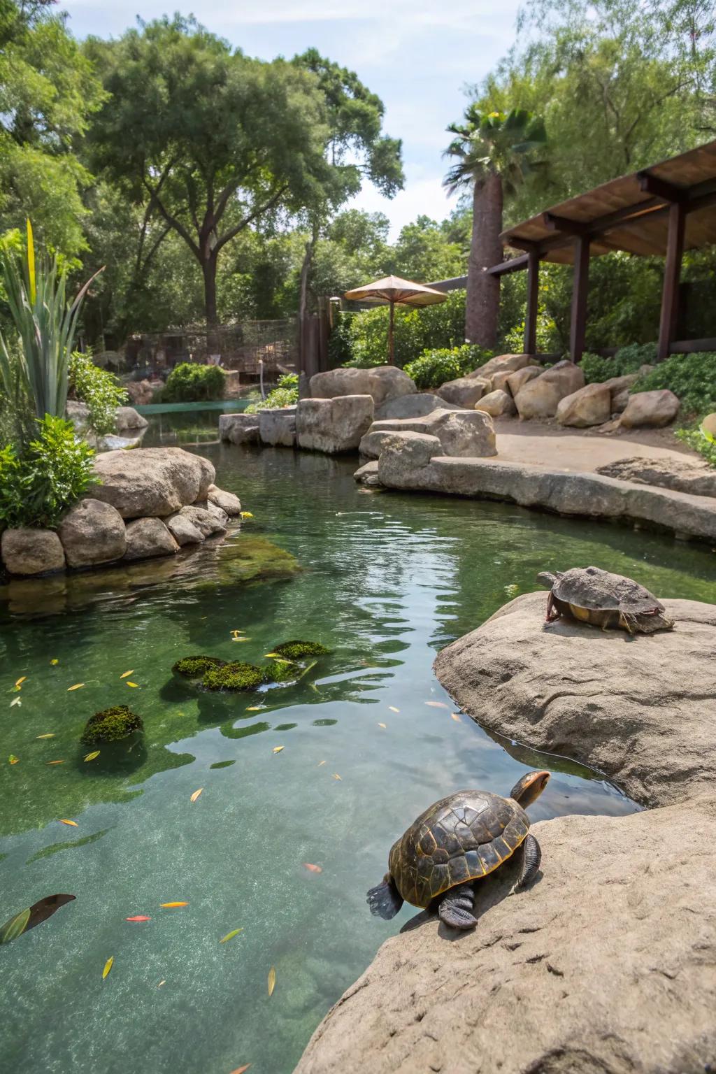 A turtle enclosure with a generous water area.