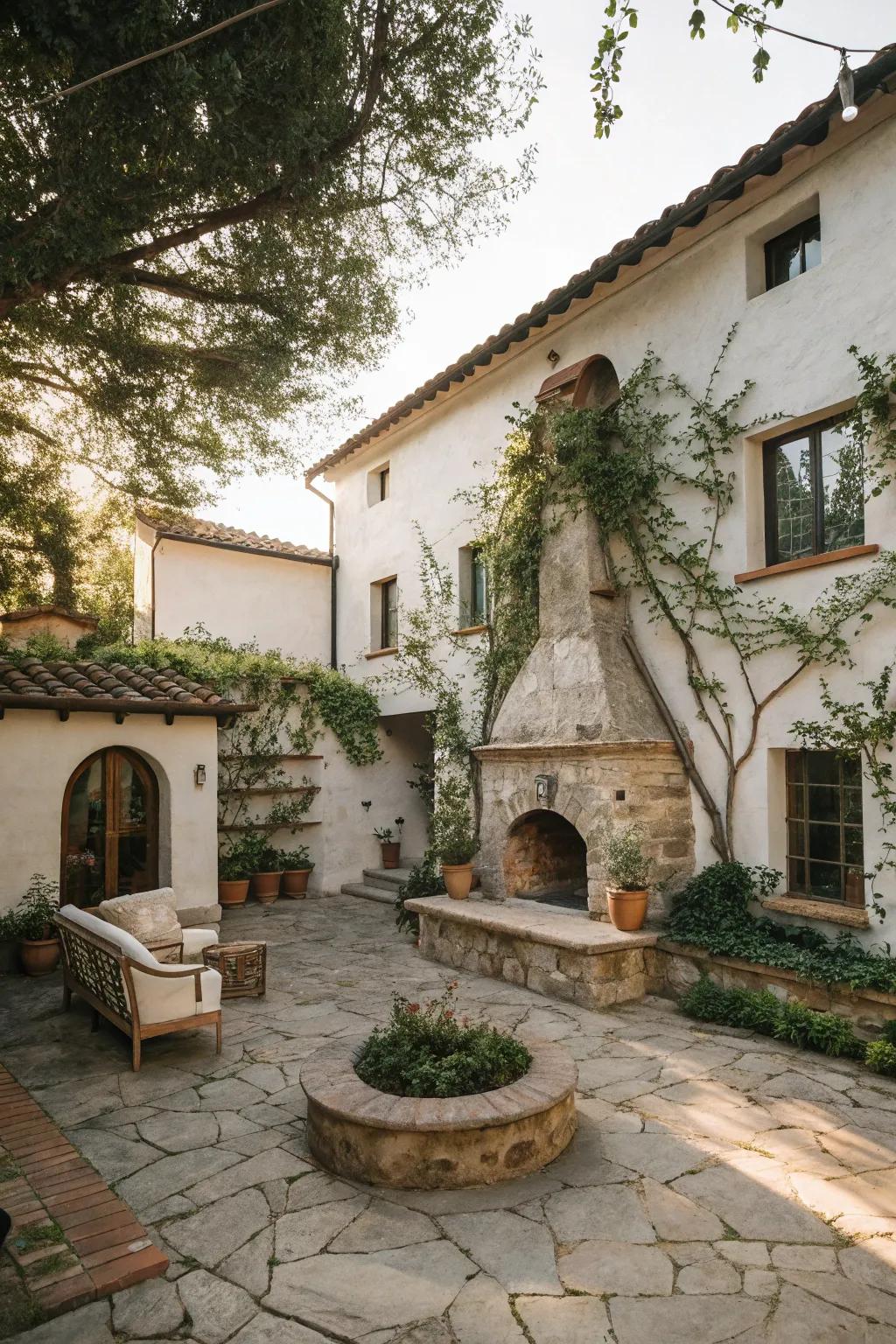 A stone fireplace creates a warm gathering spot in this courtyard.