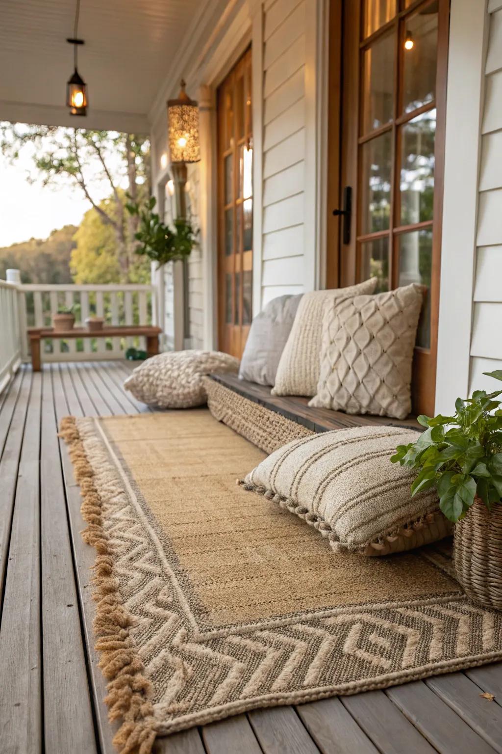 Textured fabrics enhance the cozy ambiance of the porch.