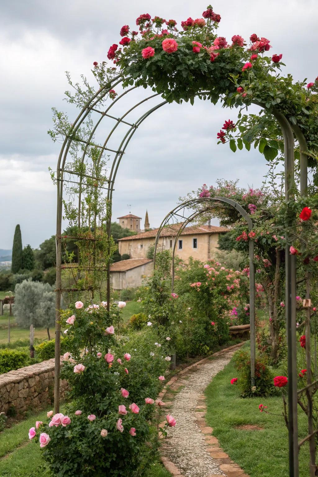 Arched features frame views and support climbing plants.