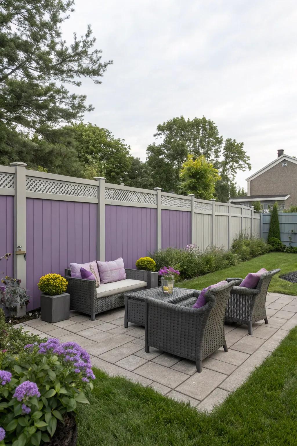 Purple and gray fence providing an elegant backdrop for refined outdoor living.