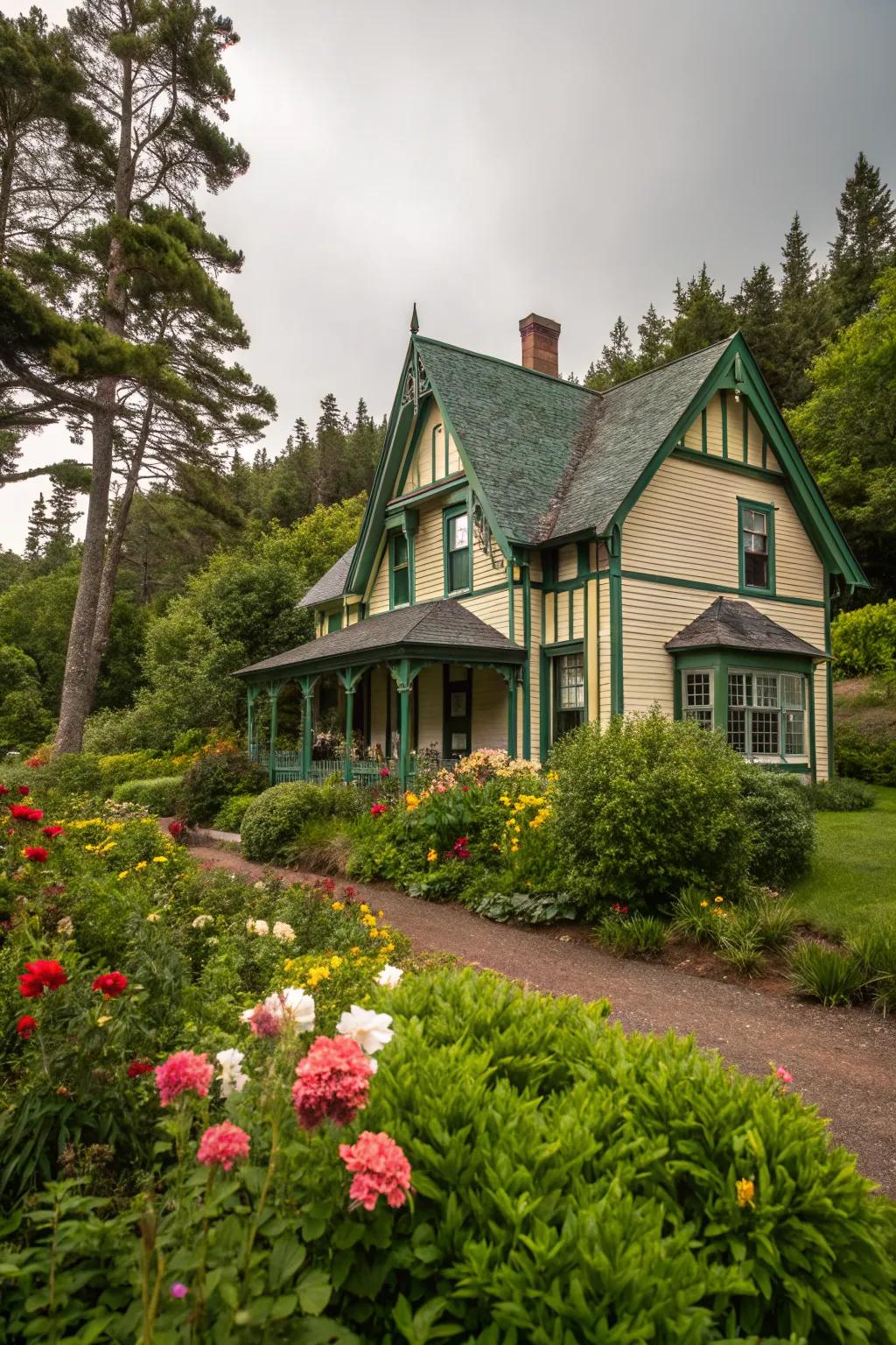 Deep green and ivory harmonize beautifully with the surrounding garden.