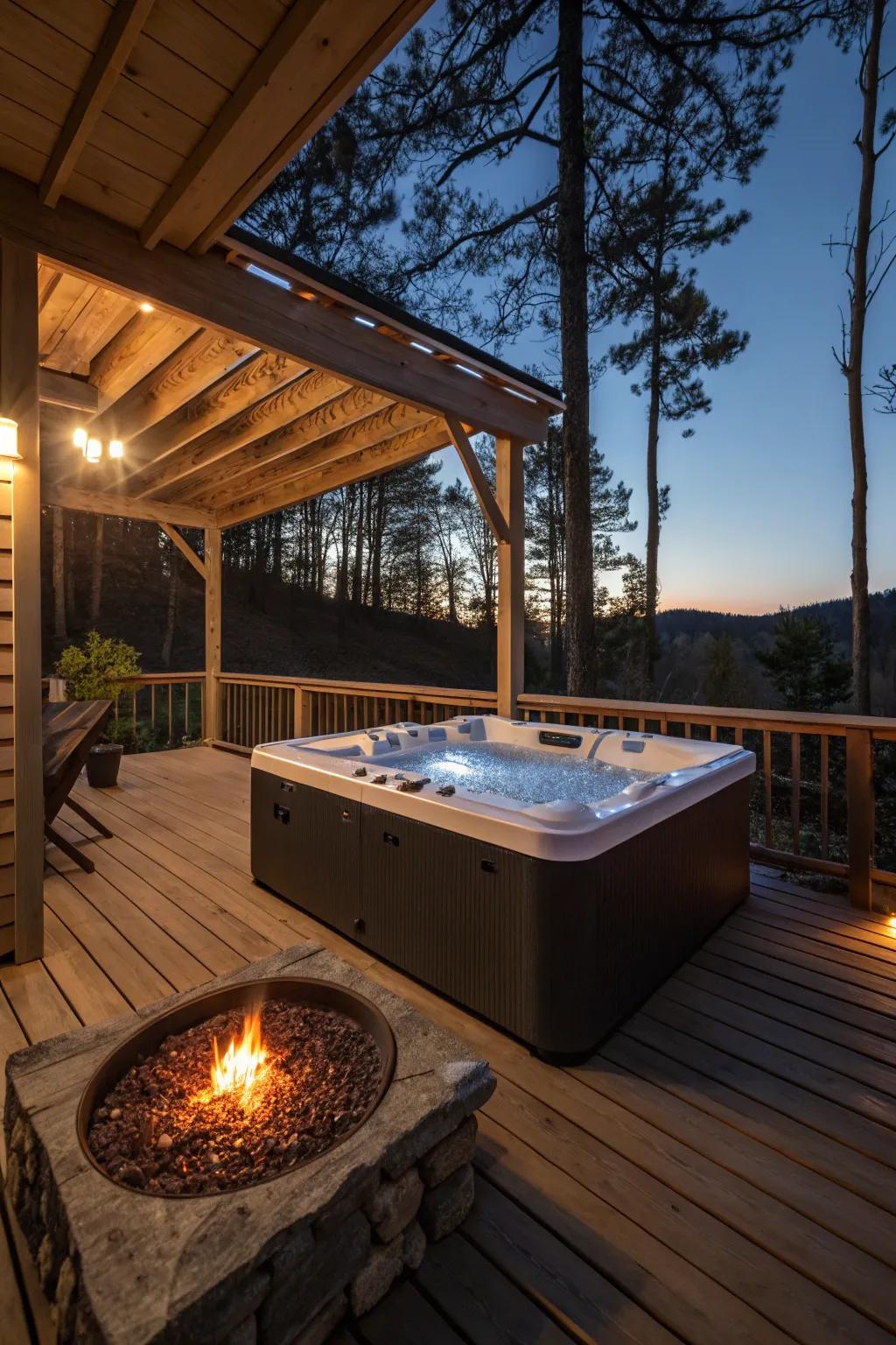 A fire pit adds warmth and ambiance to the hot tub area.