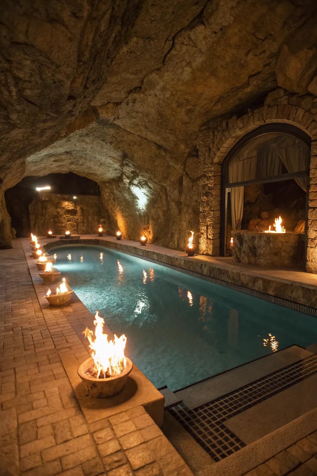 Fire features bring warmth and drama to this pool setting.