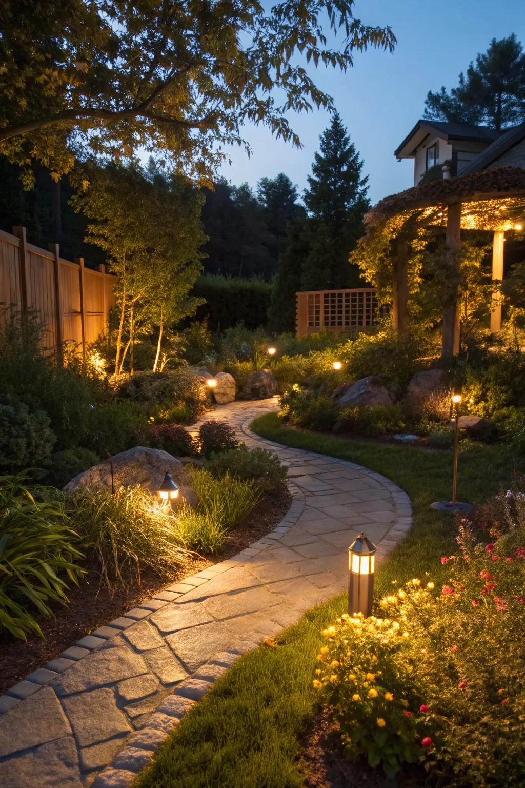 Creative lighting transforms a garden at night.