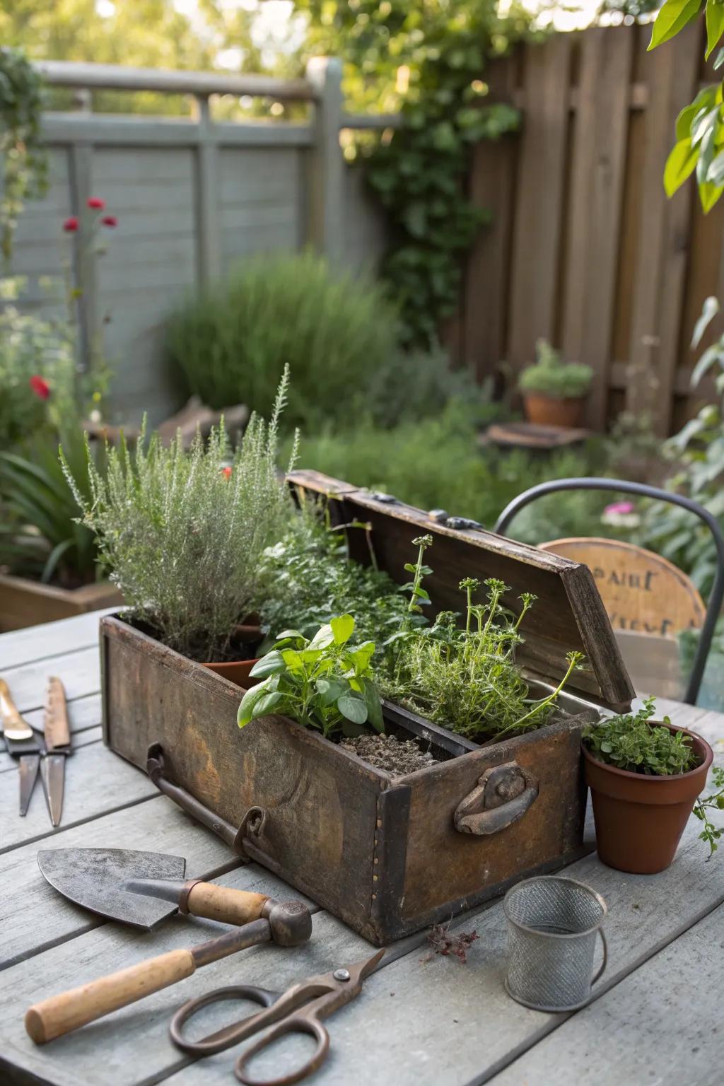 A toolbox becomes a portable herb garden.