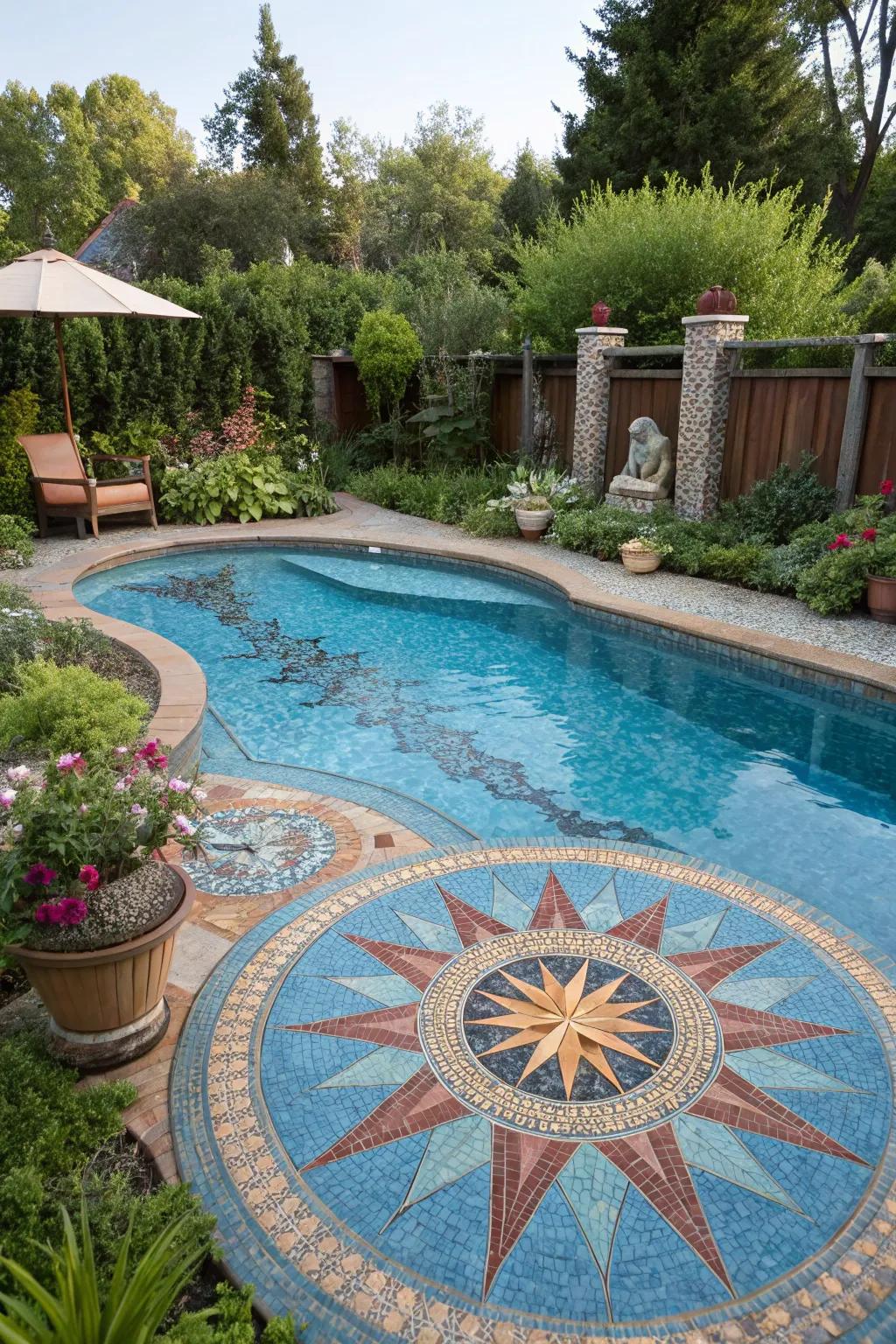 A pool with mosaic paint design featuring a sunburst pattern.