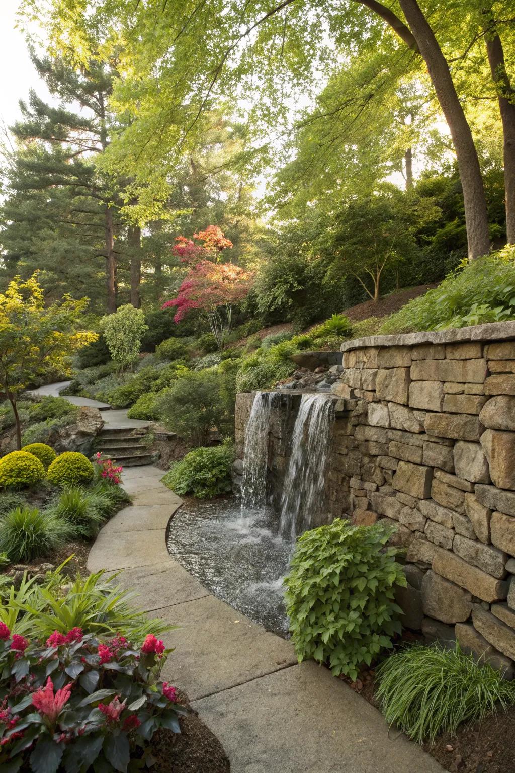 Serenity with a waterfall integrated into a retaining wall