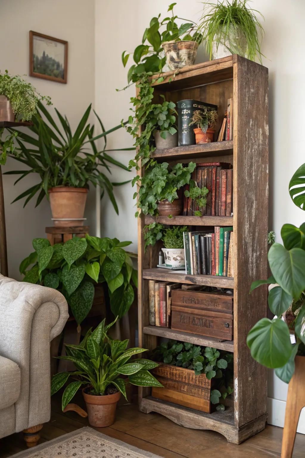 A bookshelf transformed into a lush indoor plant display.