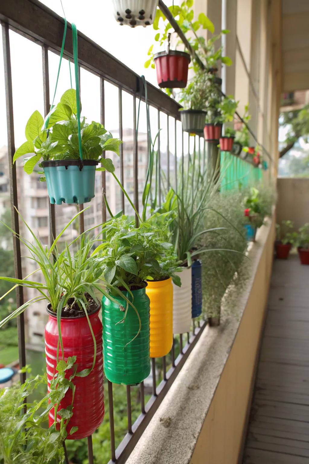 Recycled bottle planters are a sustainable and space-saving gardening solution.