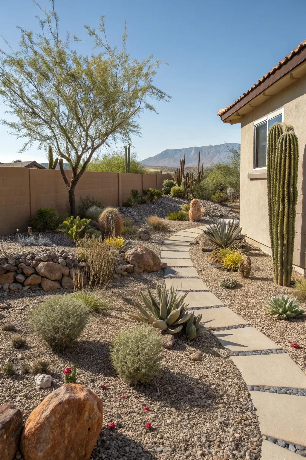 A water-wise xeriscaped garden in a Utah backyard.