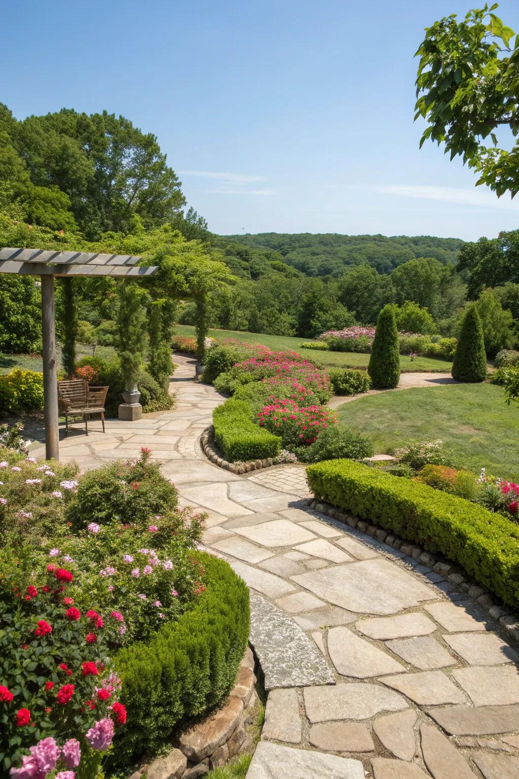 A garden with hardscapes that define outdoor spaces beautifully.