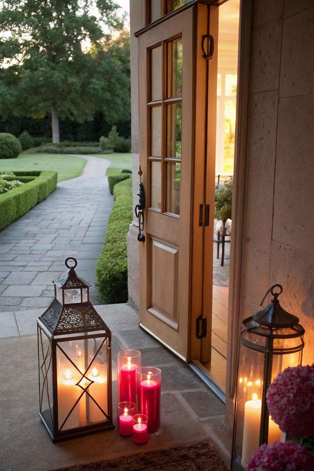 Lanterns with colored candles create a warm and inviting Valentine's glow.