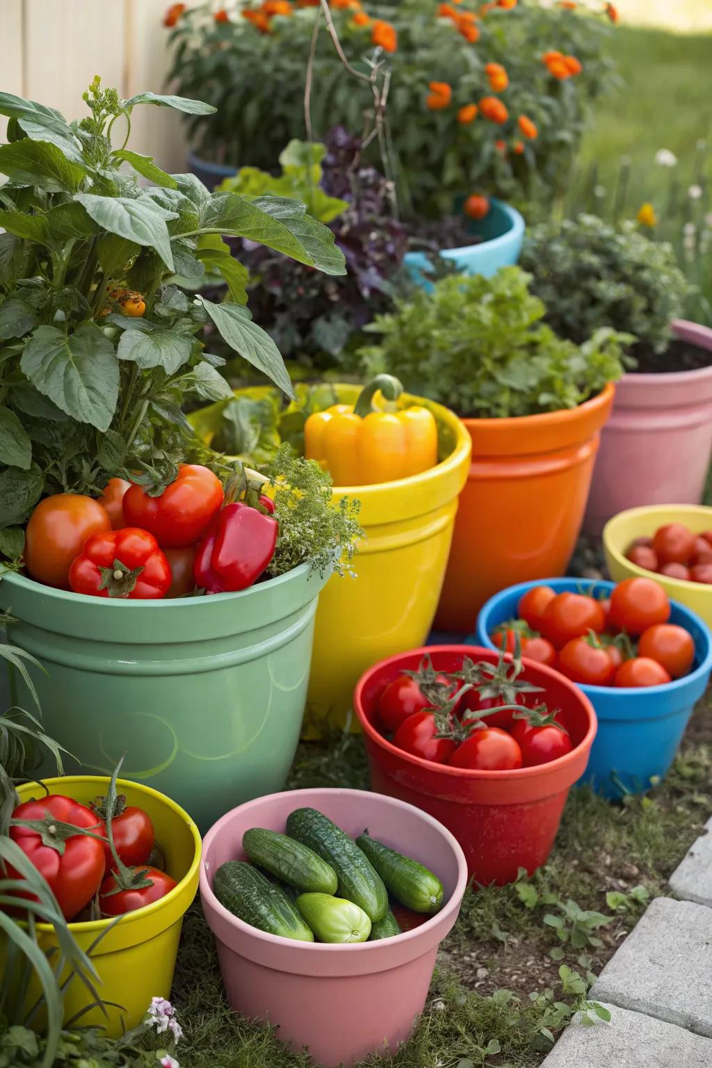 Colorful containers add a playful touch to your vegetable garden.