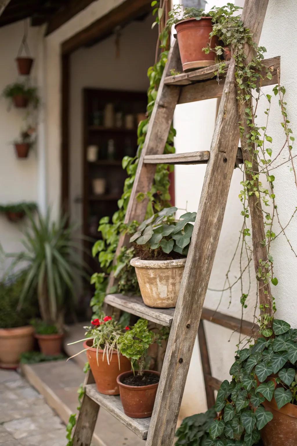 An antique ladder makes a charming plant stand.