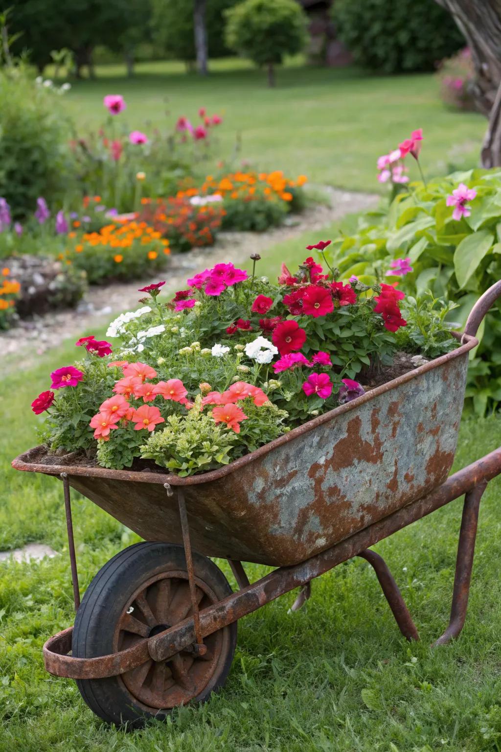 An old wheelbarrow transformed into a vibrant garden planter.
