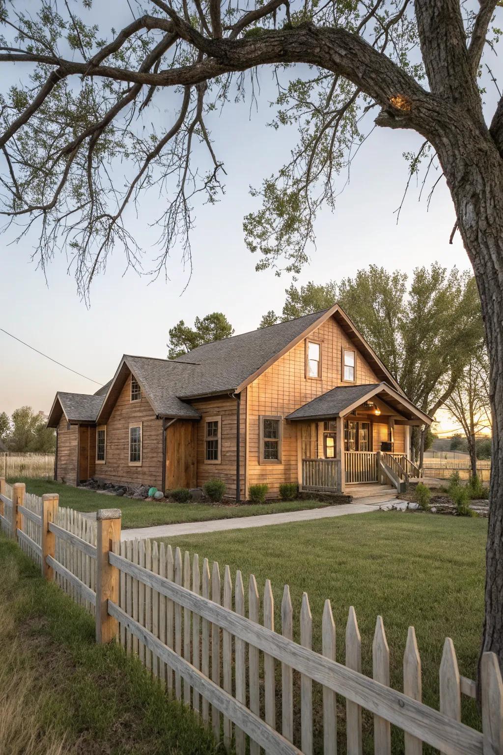 A ranch home exuding rustic charm with wood grain vinyl siding.