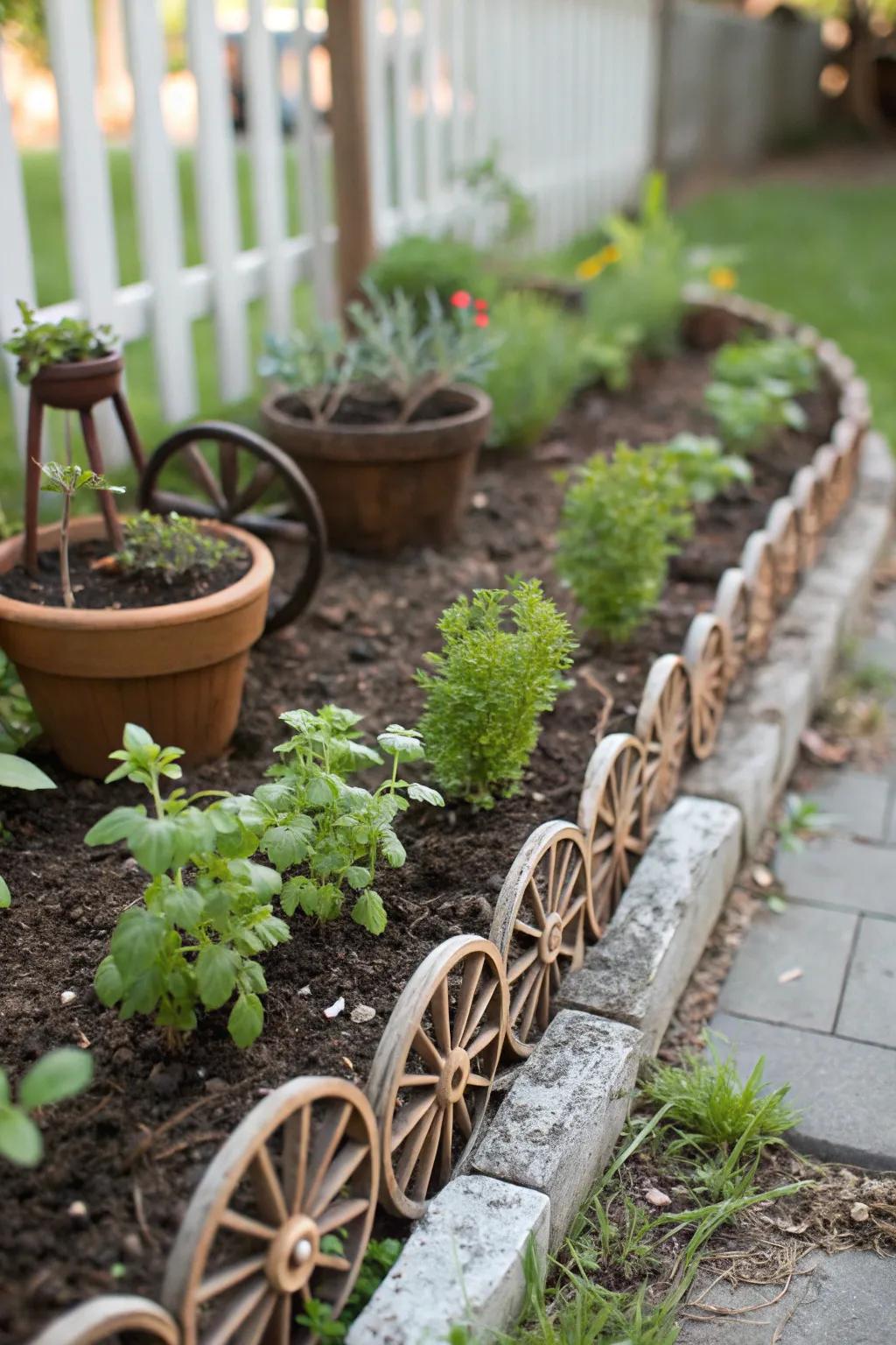 A charming miniature wagon wheel fence edging a vibrant herb garden.