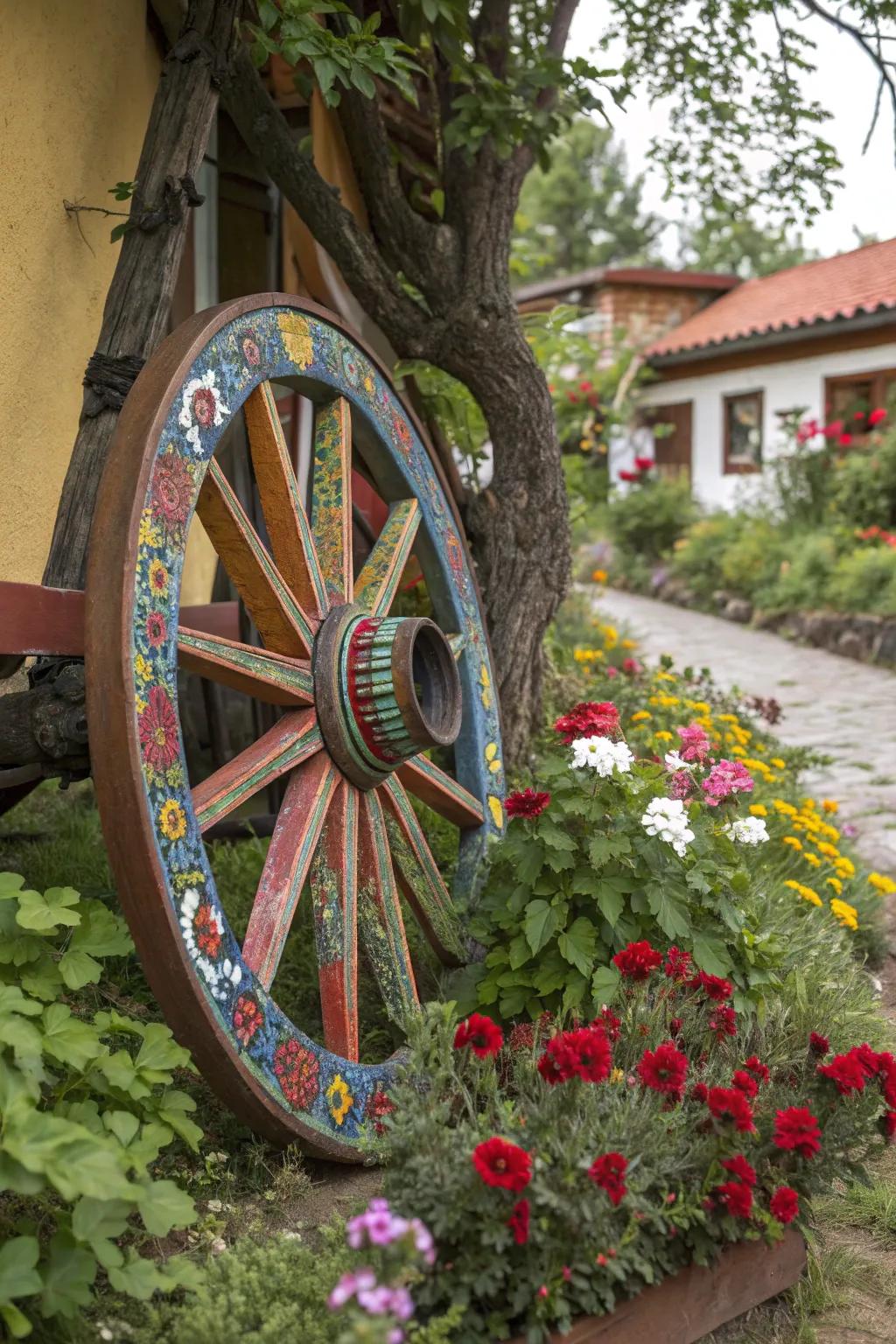 A folk art-painted wagon wheel serves as a unique garden art display.