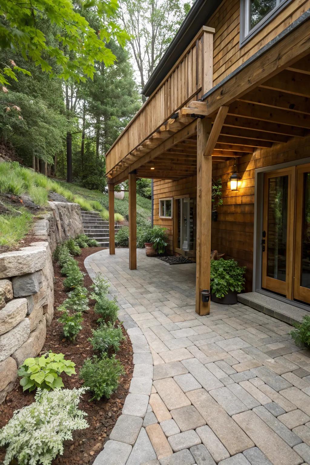 Sustainable material choices like reclaimed wood and eco-friendly pavers enhance a walkout basement patio.