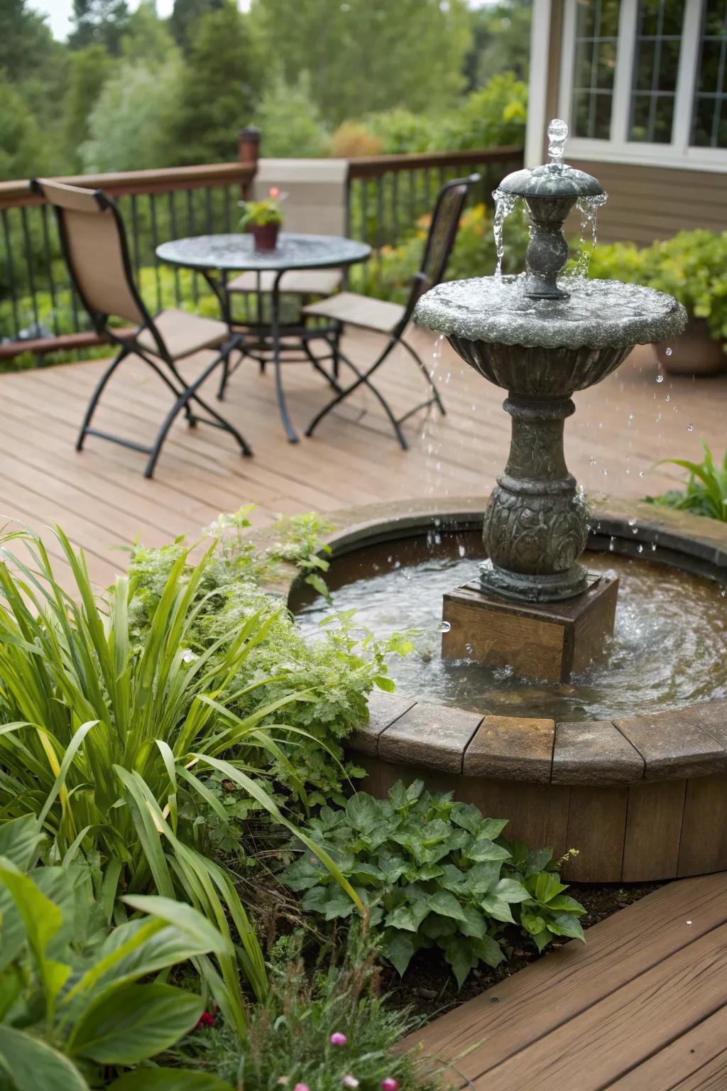 A deck with a small fountain and surrounding plants.