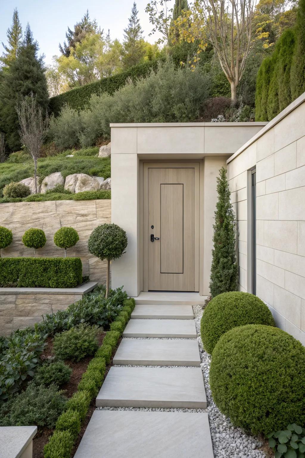 A minimalist design offers a tranquil and elegant entrance to the basement.
