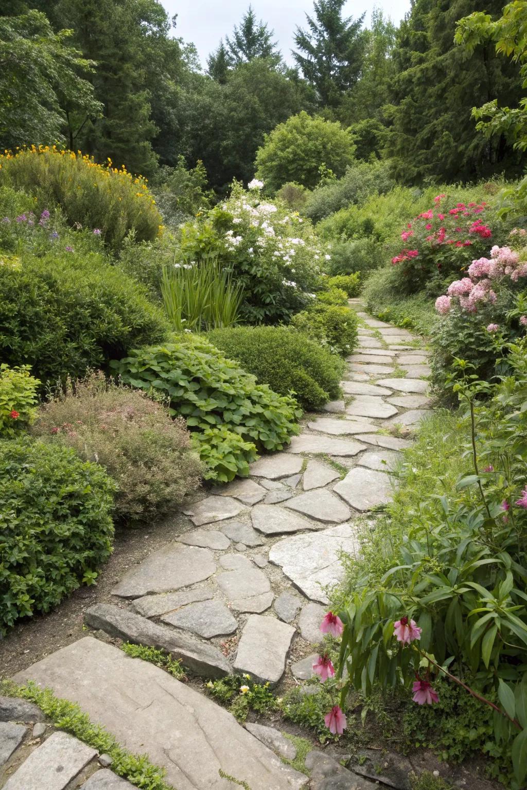 A timeless flagstone path that adds character to the garden.
