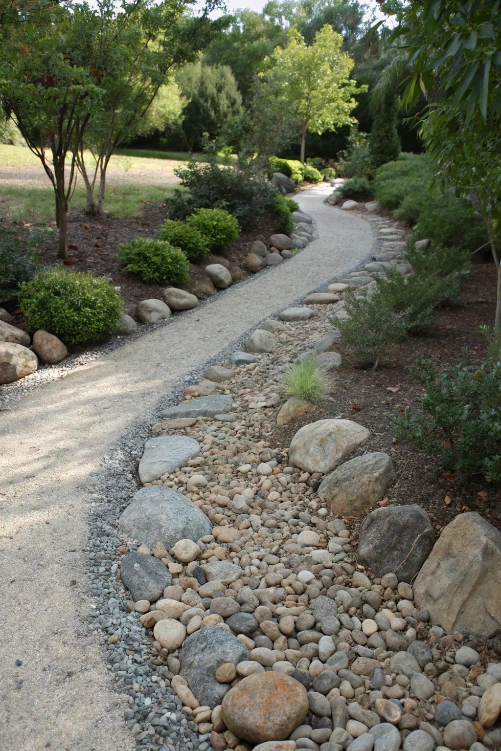 A dry creek bed design for a gravel path.