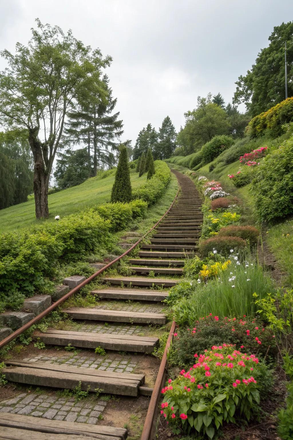 Railroad tie stairs add a touch of adventure to garden pathways.