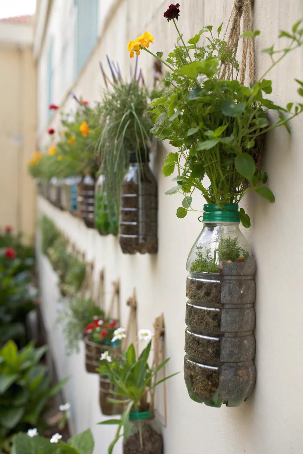 Recycled bottles add charm and sustainability to vertical gardening.