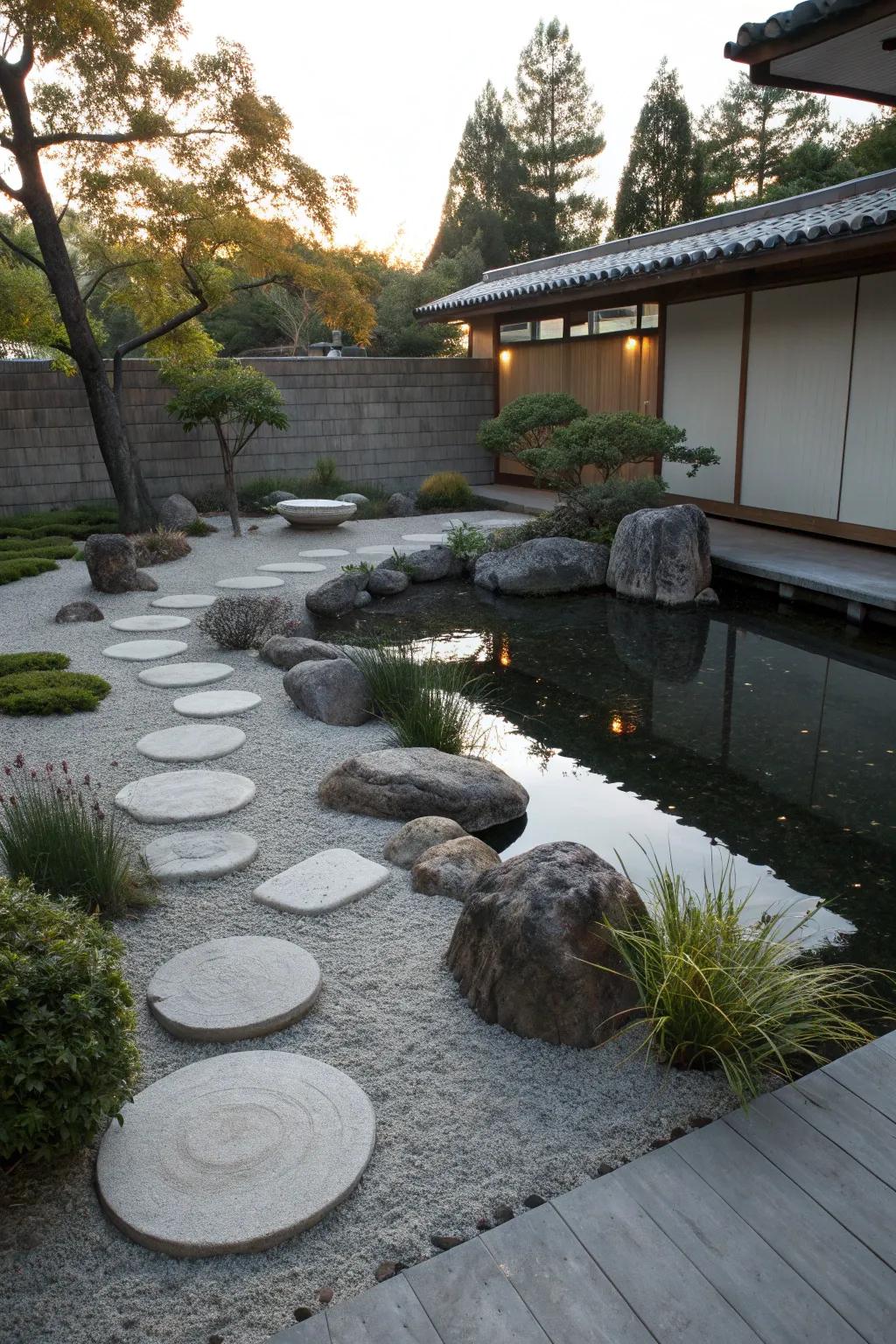 A Zen garden creates a peaceful retreat with minimalist water features.