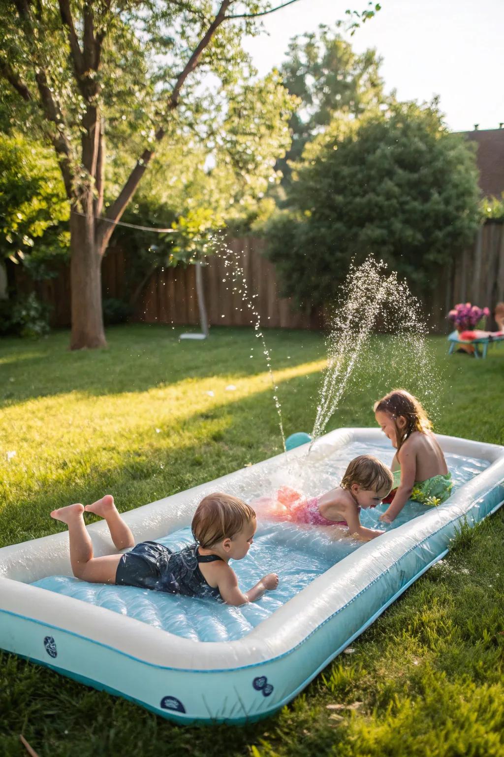 A giant water bed offers a unique play and relaxation spot.
