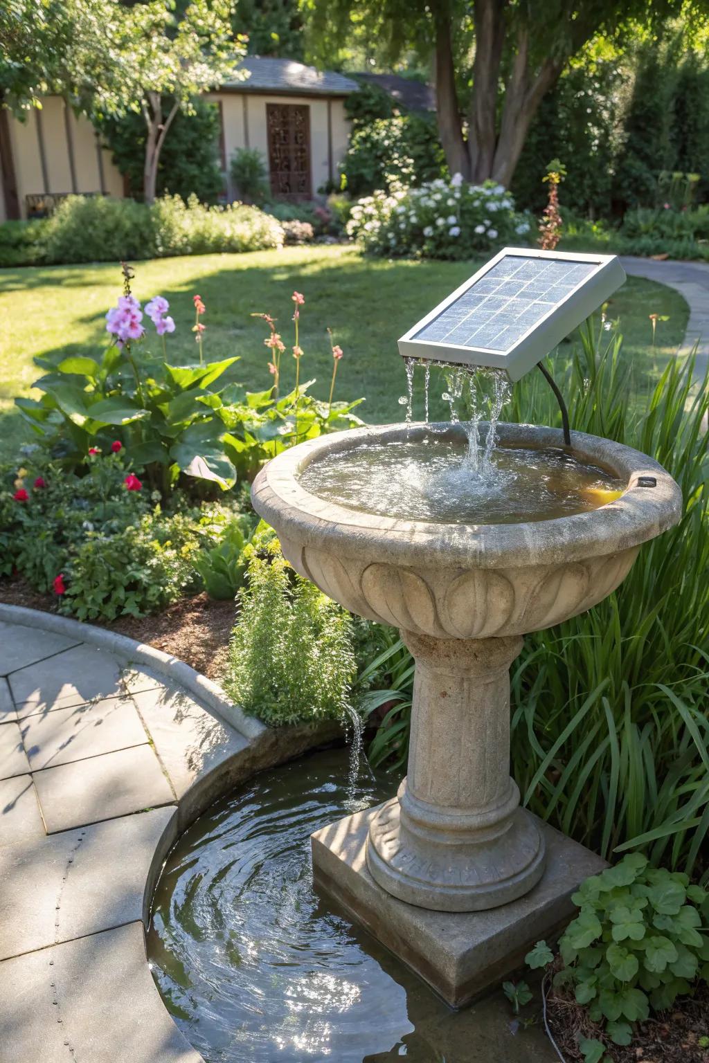 A solar-powered trough fountain for an eco-friendly garden.