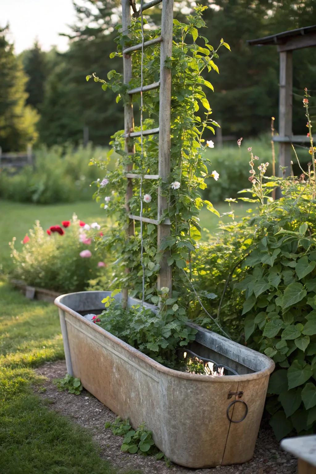 A vertical climbing garden with a trellis.