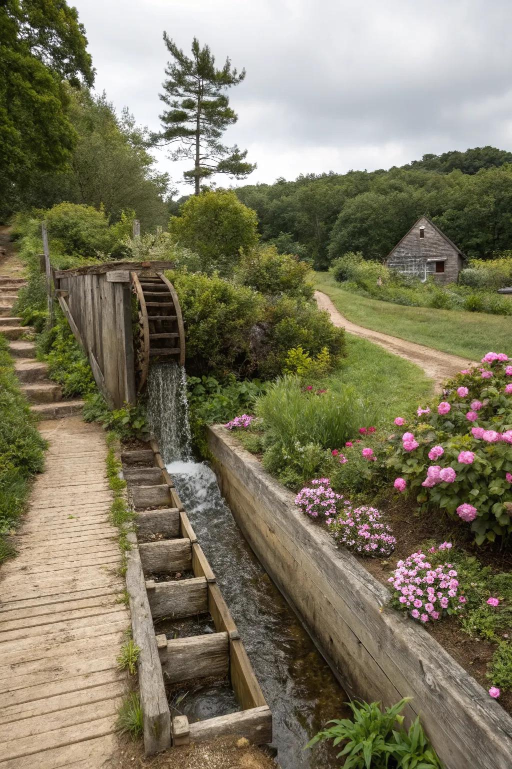 A rustic wooden spillway that complements the natural beauty of the garden.
