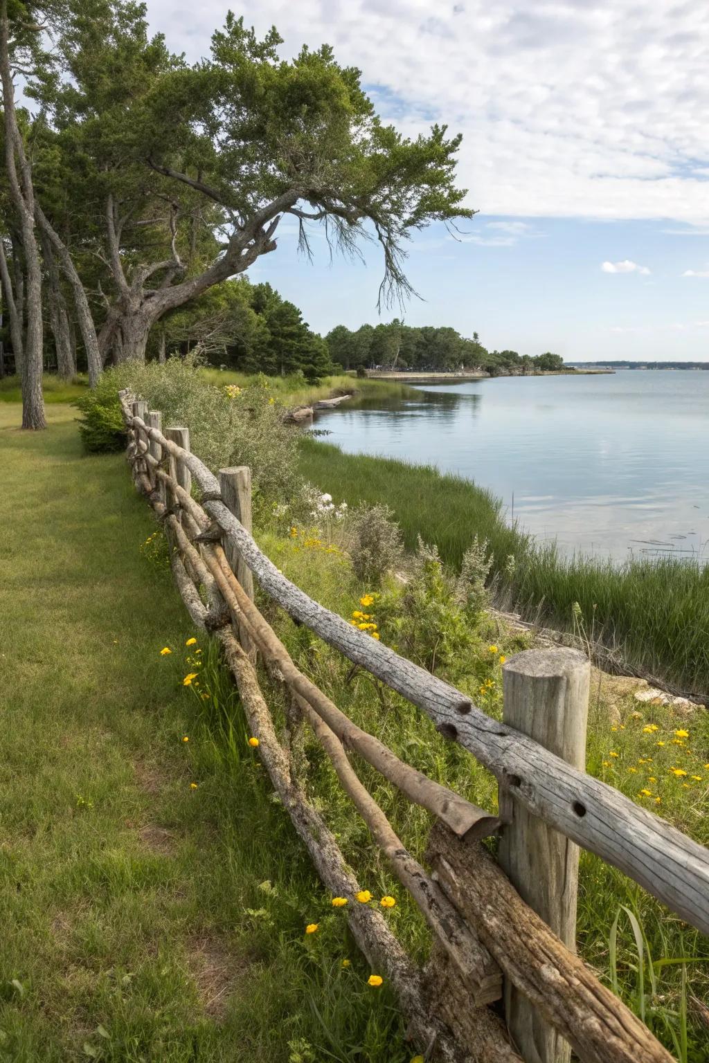 A driftwood fence adds a natural, artistic touch to this waterfront setting.