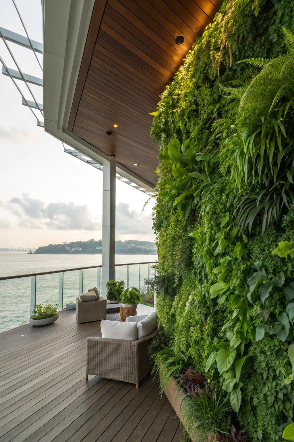 A living wall offers natural privacy while enhancing the patio's beauty.