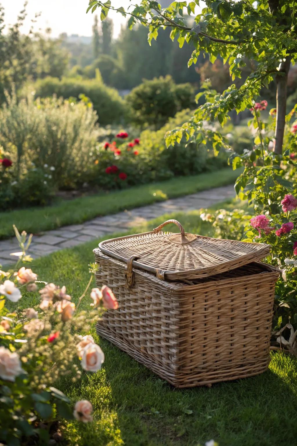 Rustic wicker basket for discreet towel storage.