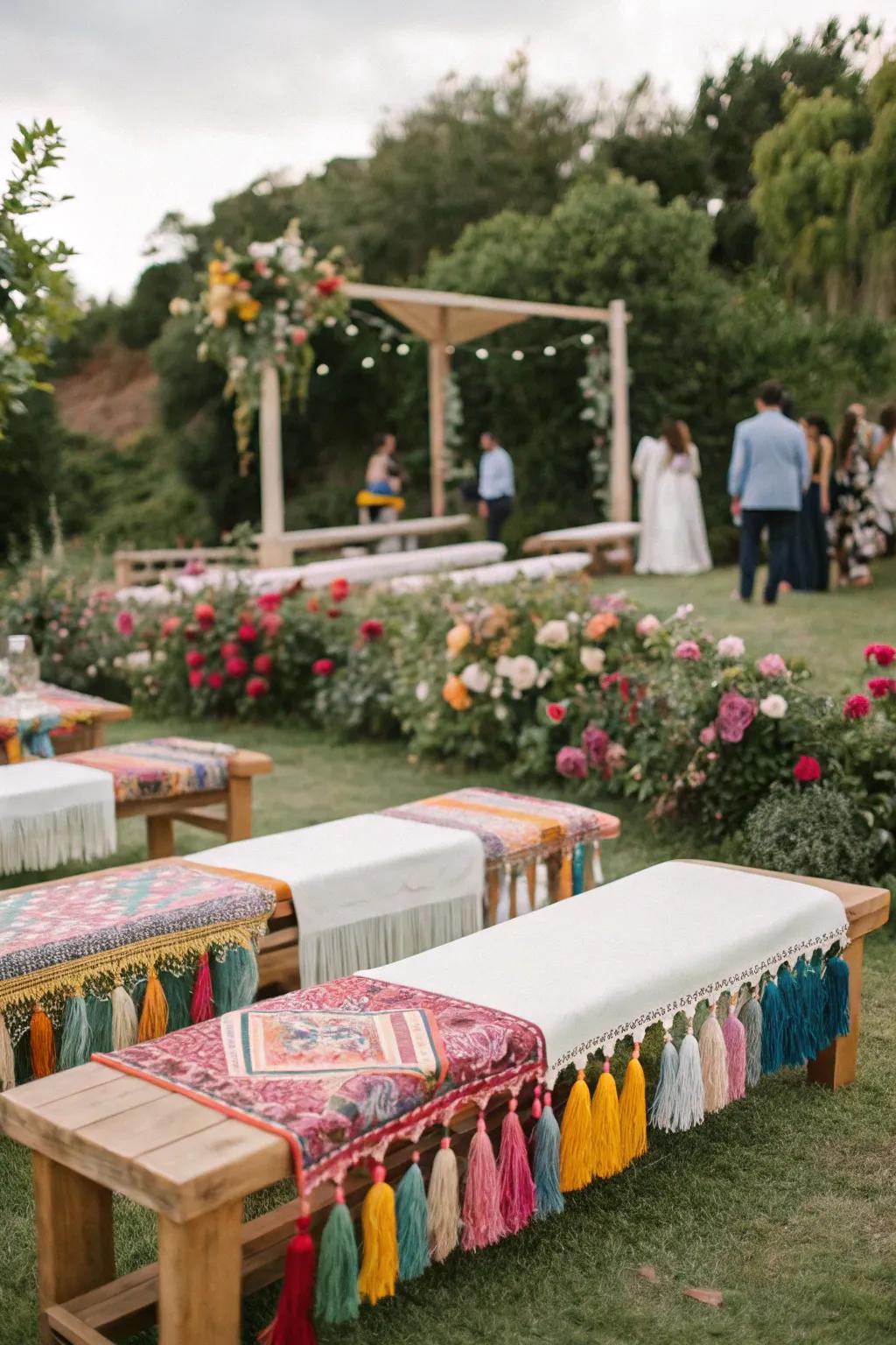Bohemian benches bring a vibrant touch to wedding decor.