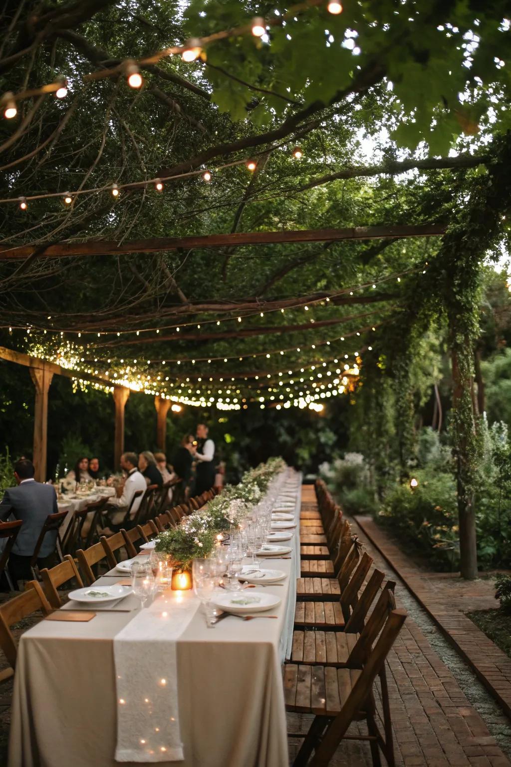 A secret garden dining experience under twinkling lights.