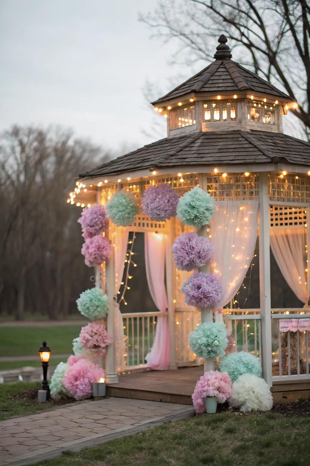 Fairy lights and pastel blooms create a whimsical wonderland.