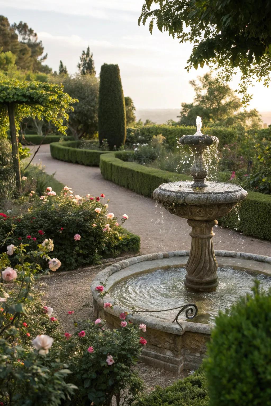A tranquil water feature adding calm and coolness to the garden.