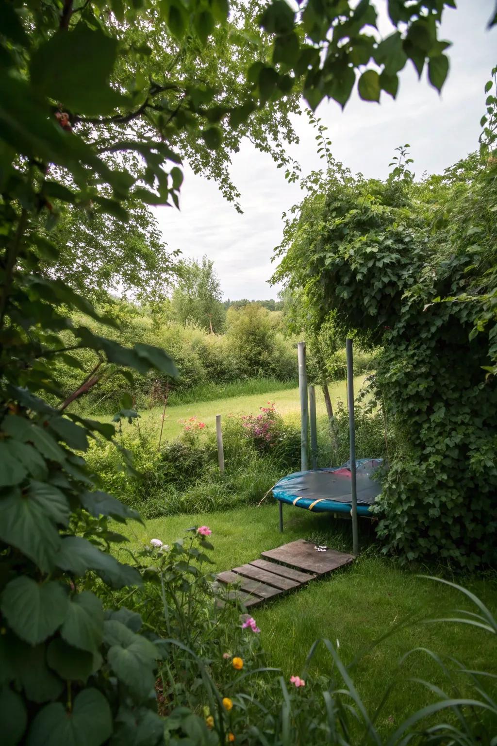 Foliage provides privacy and a natural look to the trampoline area.