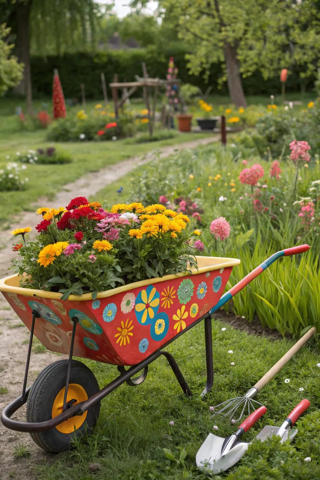 Vivid hues transform a wheelbarrow into a garden showpiece.
