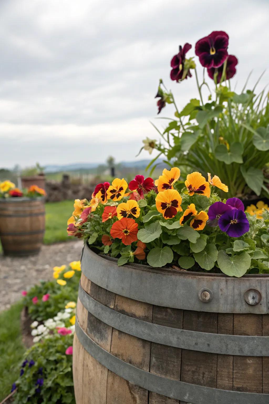 Create a culinary garden with edible flowers in a whiskey barrel.