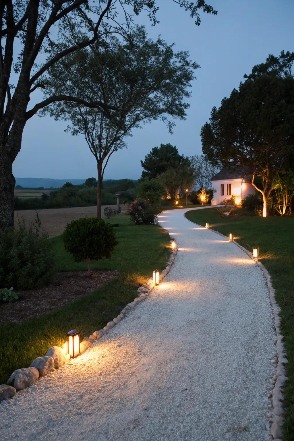 Driveway with sophisticated lighting for evening elegance.