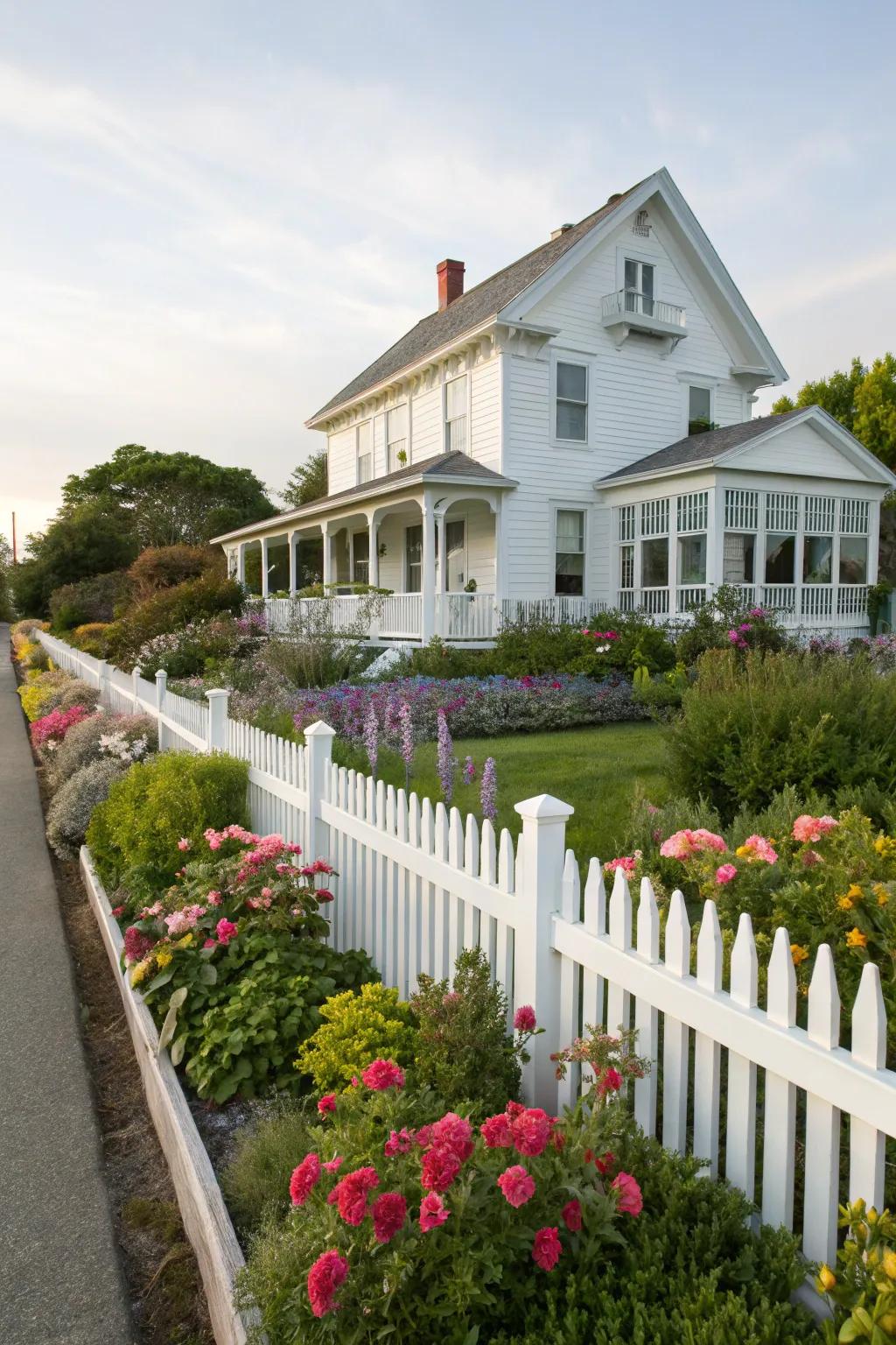 A white home with a charming white fence, enhancing the property’s boundaries and aesthetics.