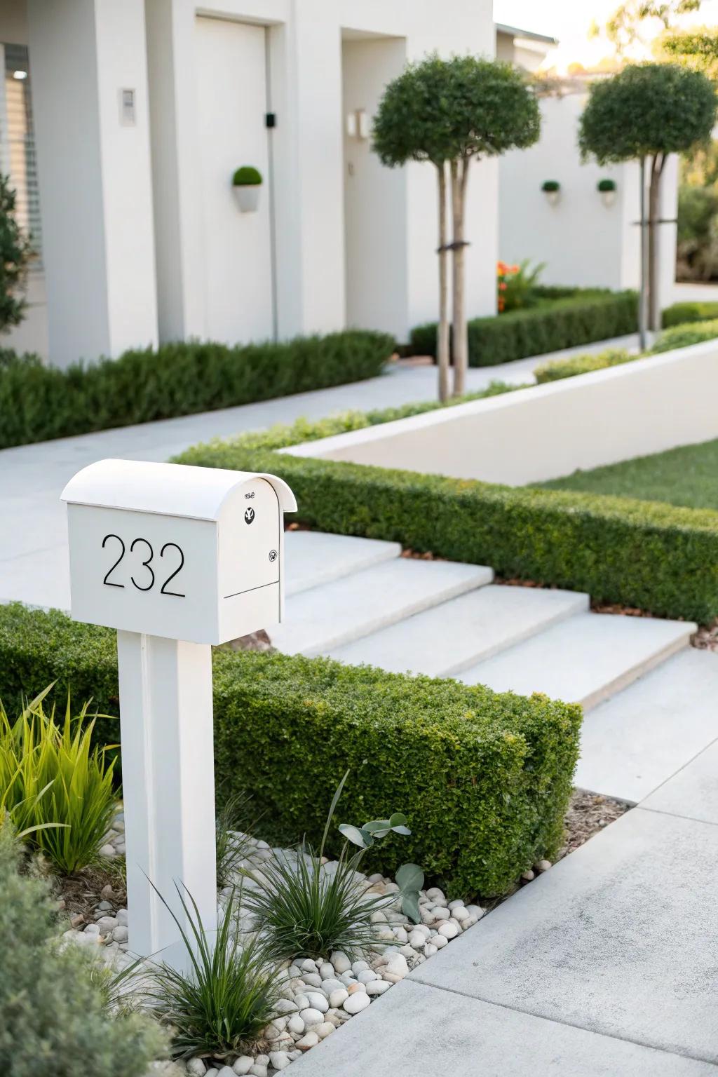 A minimalist white mailbox with sleek numbers enhances a contemporary setting.